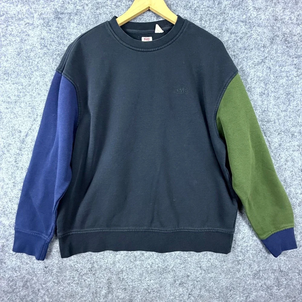 Levi's Sweatshirt Mens Large Black Blue Green Colorblock Cotton Relaxed Fit